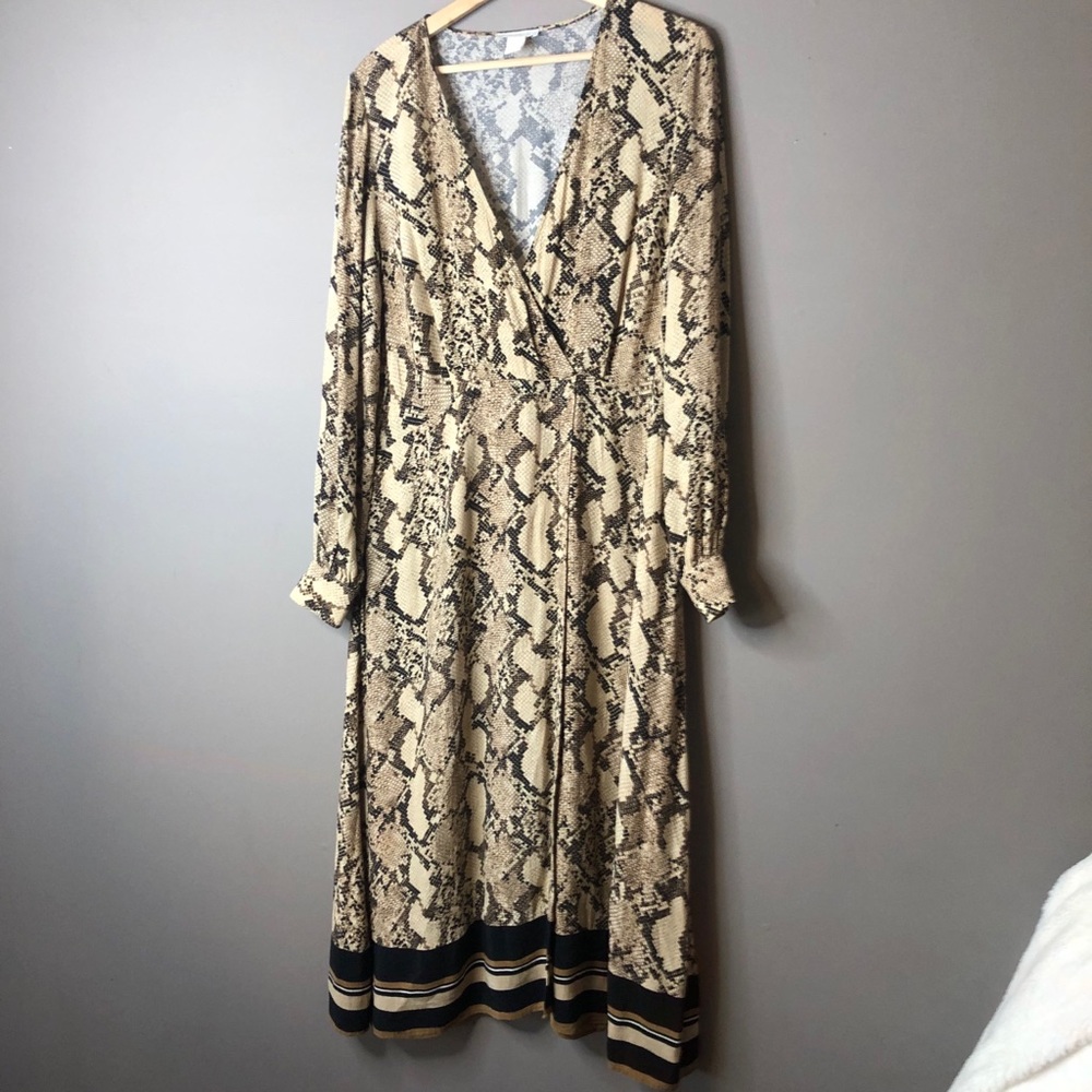 H&M Cream Brown Midi Dress Long Sleeve 10
